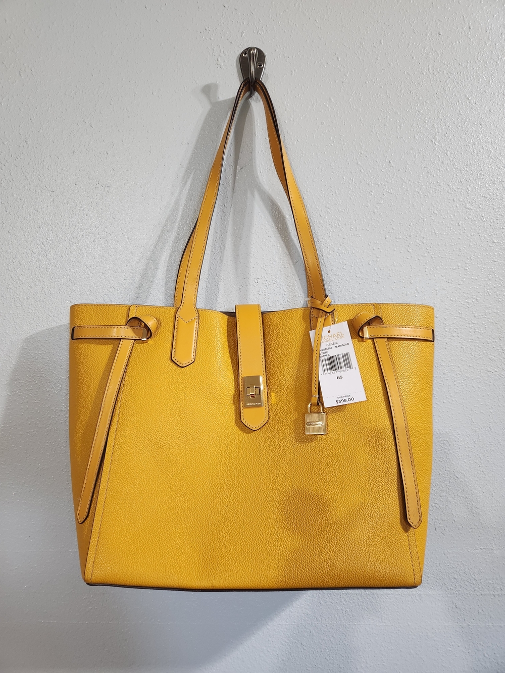 Michael Kors Cassie Yellow Pebbled Leather Tote with Lock Charm New